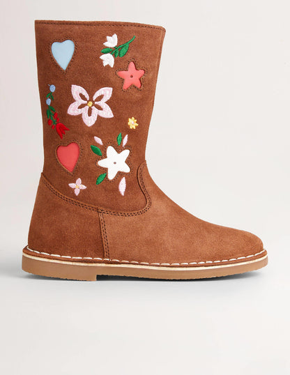 Tall Suede boots-Embroidered Tan Suede