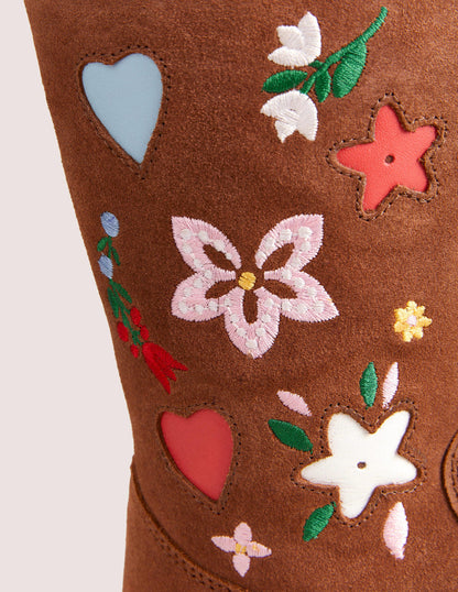 Tall Suede boots-Embroidered Tan Suede