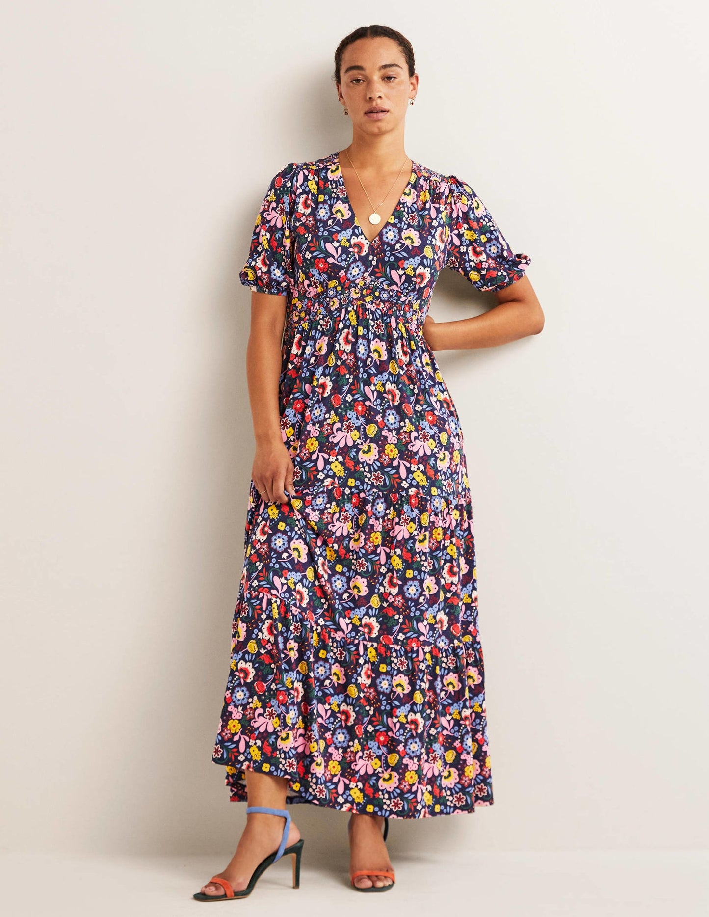 Tiered Jersey Maxi Tea Dress-Navy, Pretty Paradise