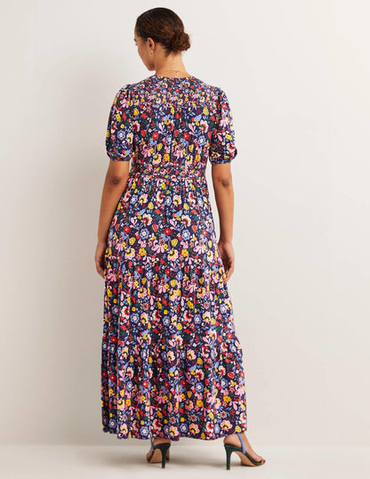 Tiered Jersey Maxi Tea Dress-Navy, Pretty Paradise