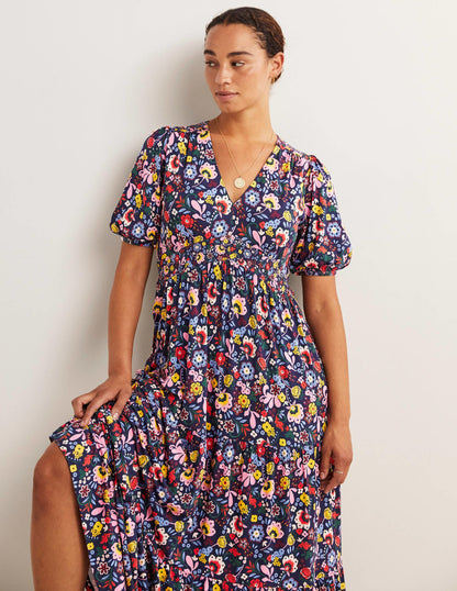 Tiered Jersey Maxi Tea Dress-Navy, Pretty Paradise