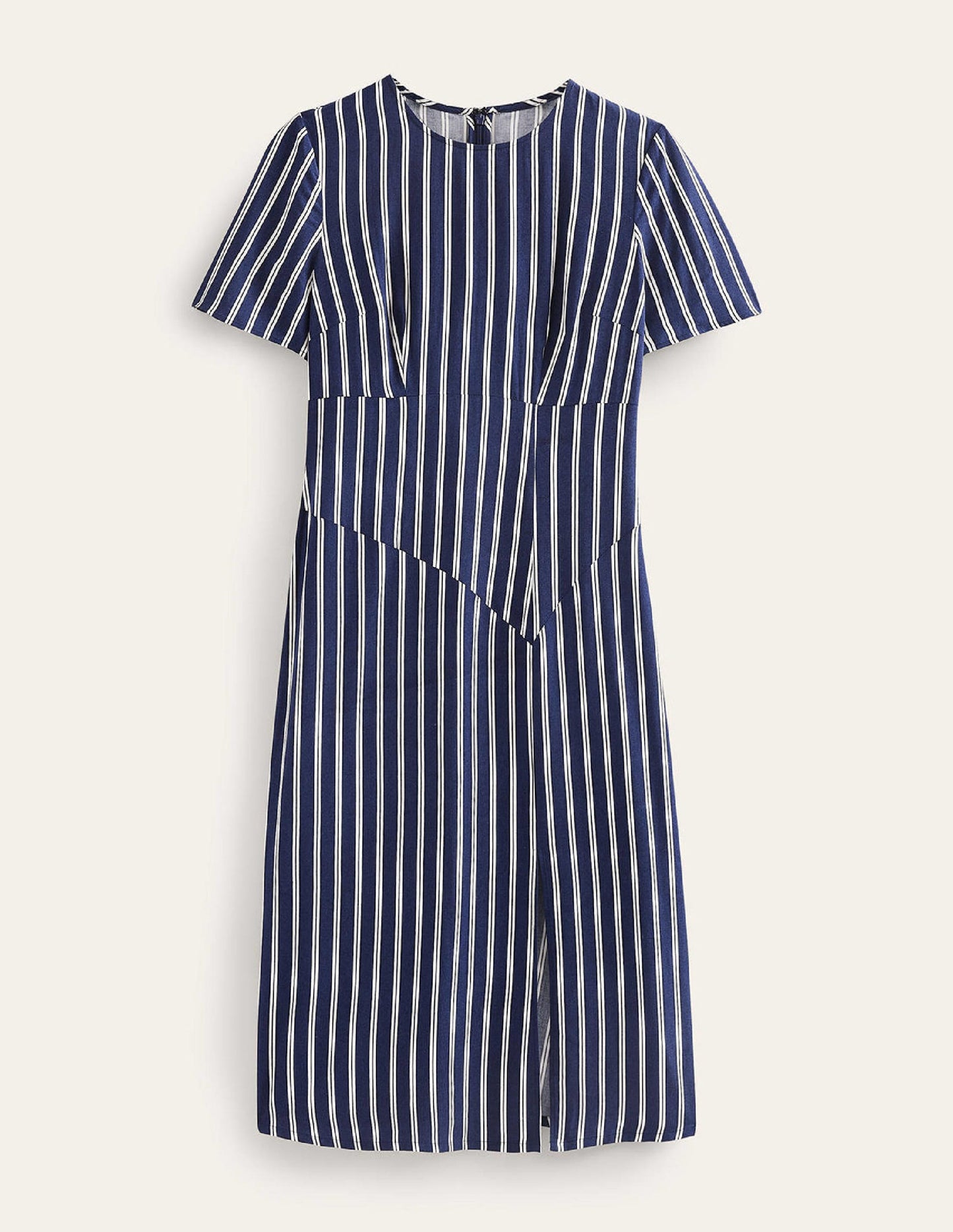 Striped Asymmetric Midi Dress-Navy and Ivory Vertical Stripe