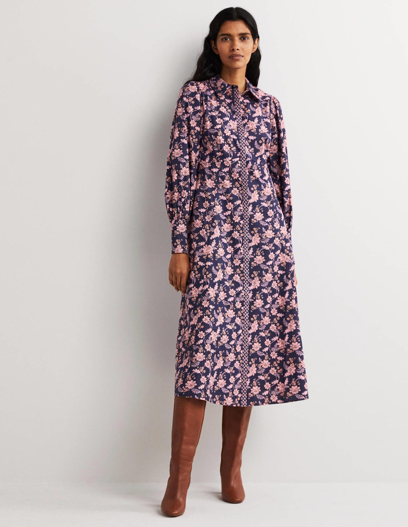 Empire Midi Shirt Dress-Navy, Chintz Bloom