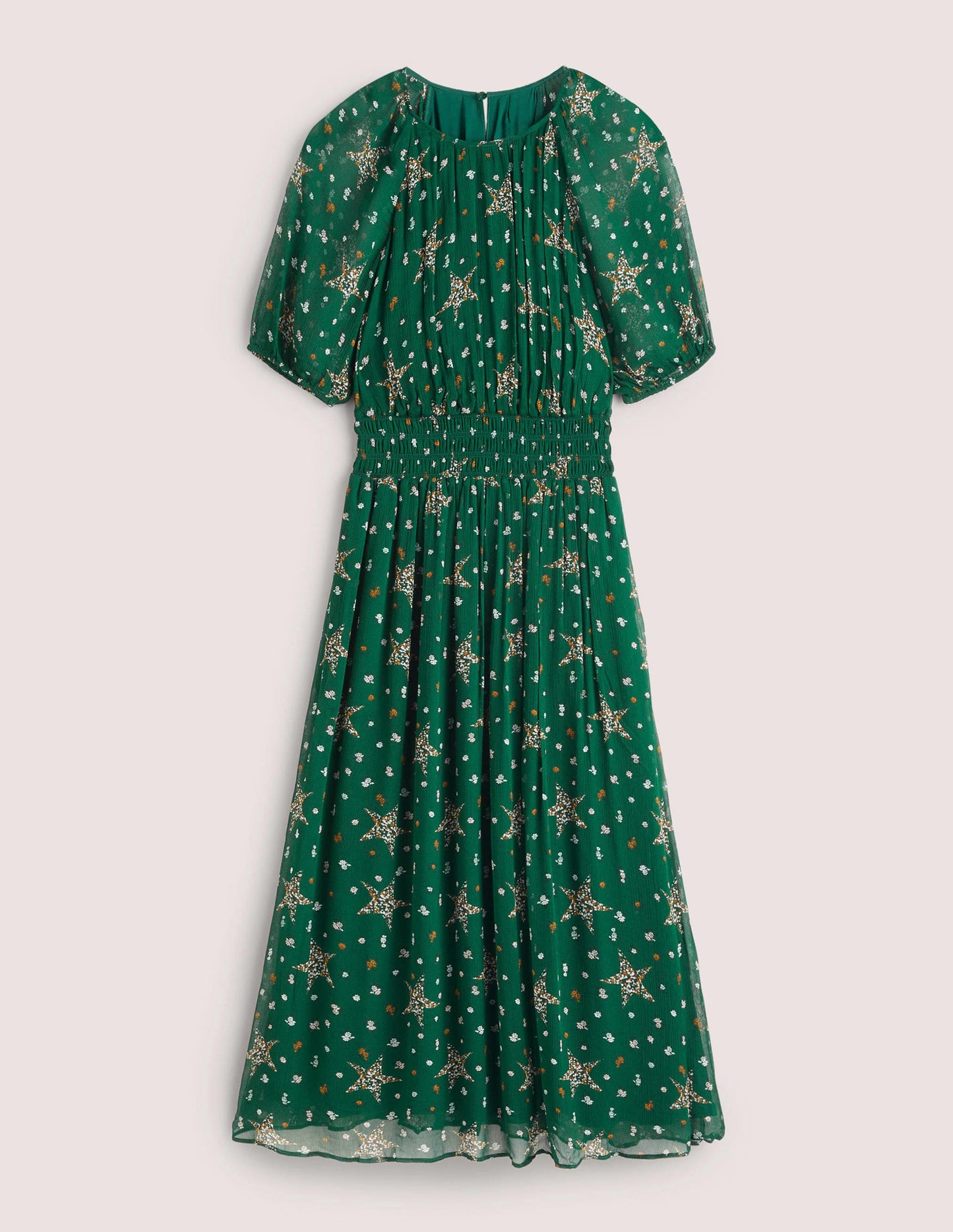 Deep Smocked Waist Midi Dress-Hunter Green, Star Floral