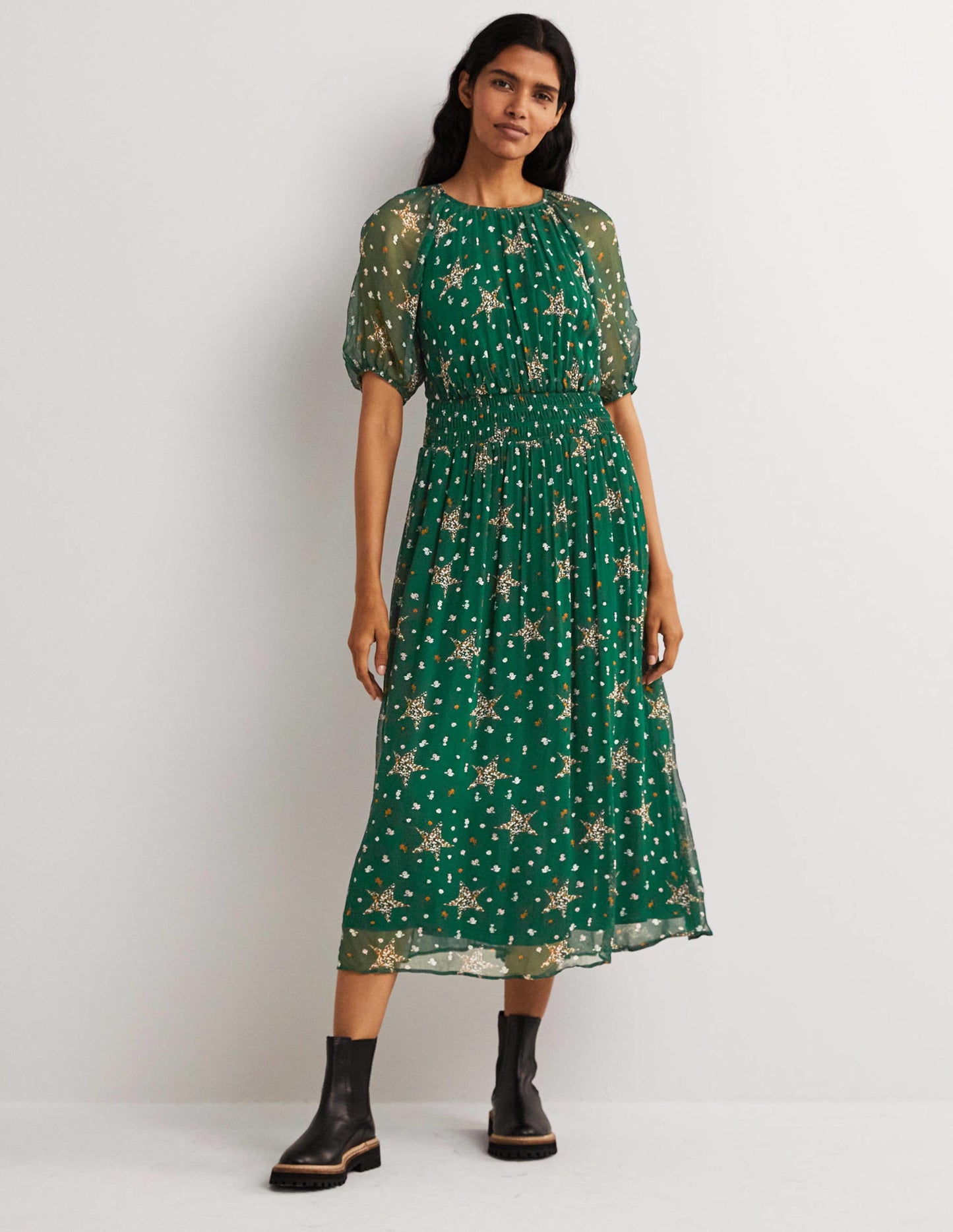 Deep Smocked Waist Midi Dress-Hunter Green, Star Floral