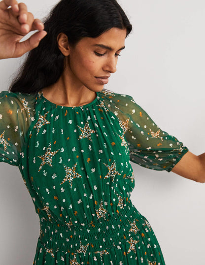 Deep Smocked Waist Midi Dress-Hunter Green, Star Floral