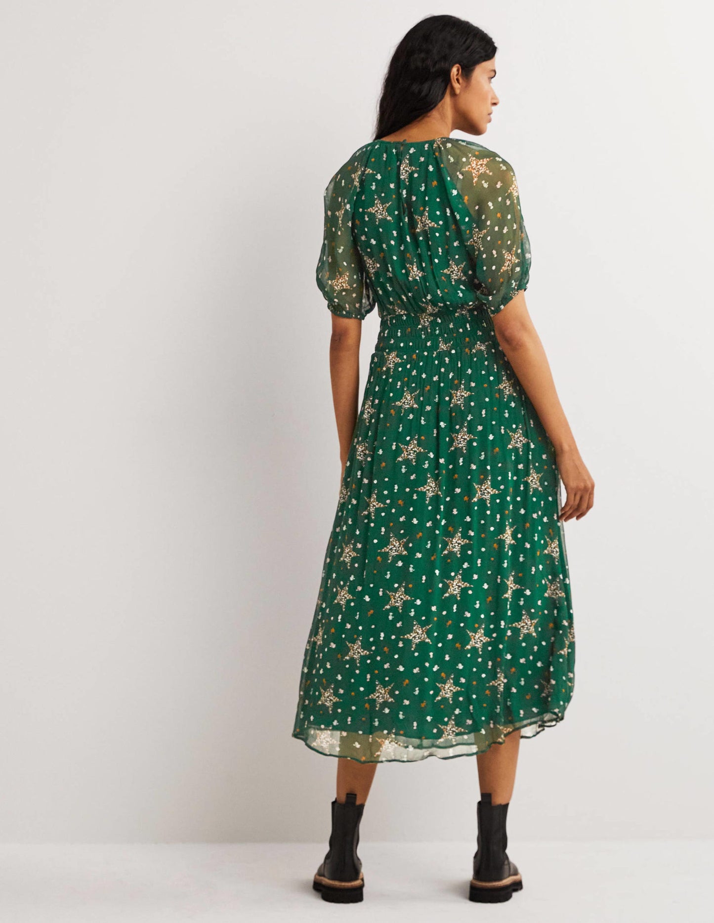 Deep Smocked Waist Midi Dress-Hunter Green, Star Floral