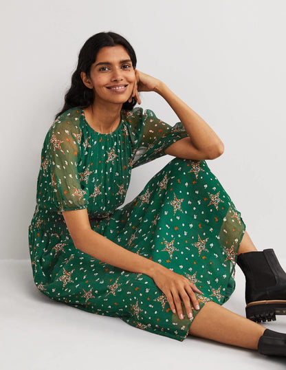 Deep Smocked Waist Midi Dress-Hunter Green, Star Floral