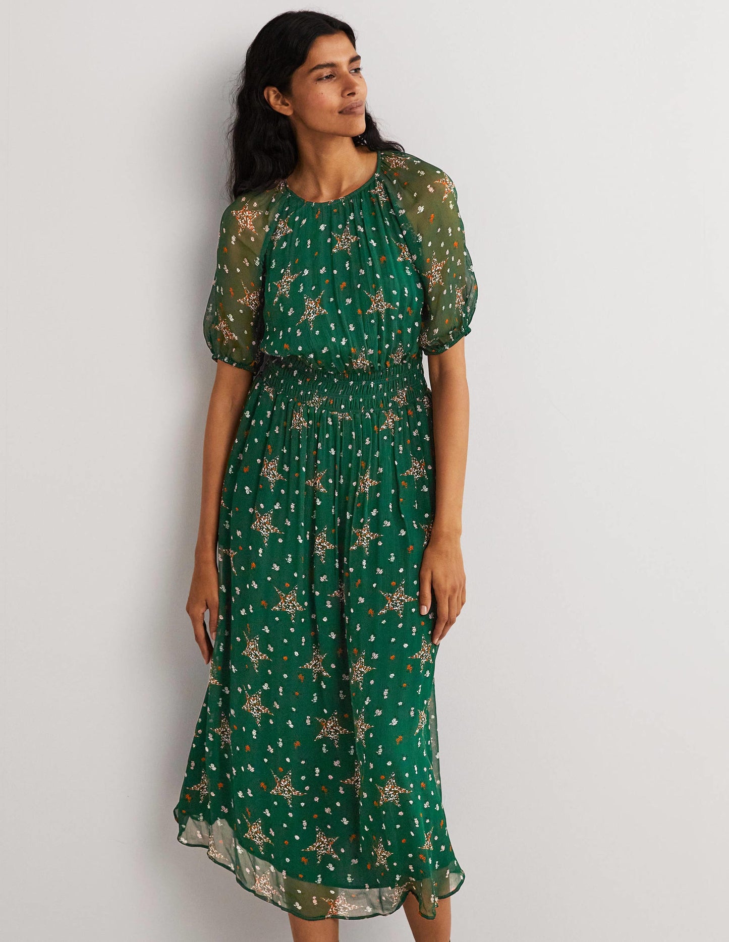 Deep Smocked Waist Midi Dress-Hunter Green, Star Floral