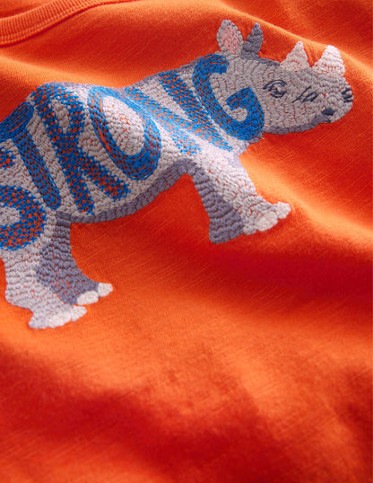 Animal Printed Cotton T-Shirt-Fire Opal Orange Rhino