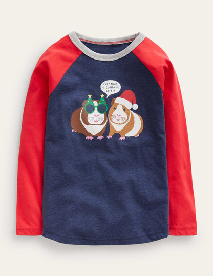 Christmas Guinea Pig Raglan-Rockabilly Red/Blue Marl