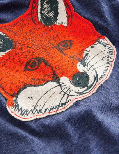 Fox Appliqué Cotton Top-College Navy Marl