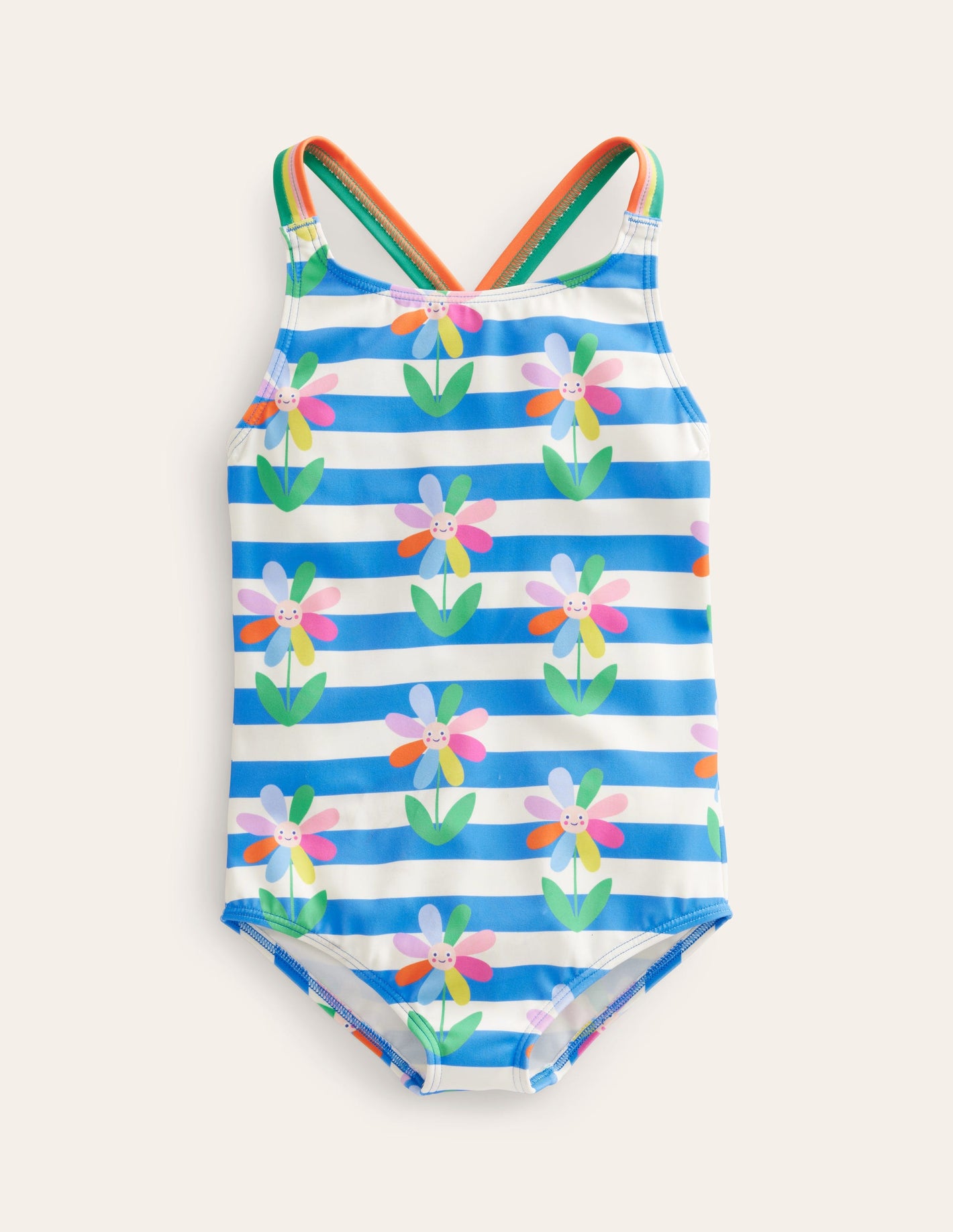 Cross-back Printed Swimsuit-Cabana Blue Daisy Stripe