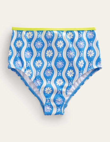 High Waisted Bikini Bottoms-Penzance Blue Daisy Wave