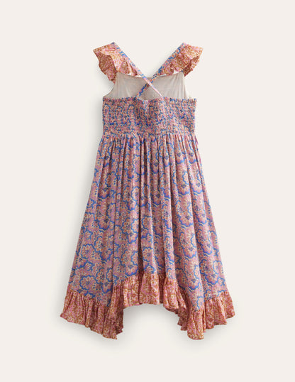 Handkerchief Hem Dress-Lupin and Peach Paisley