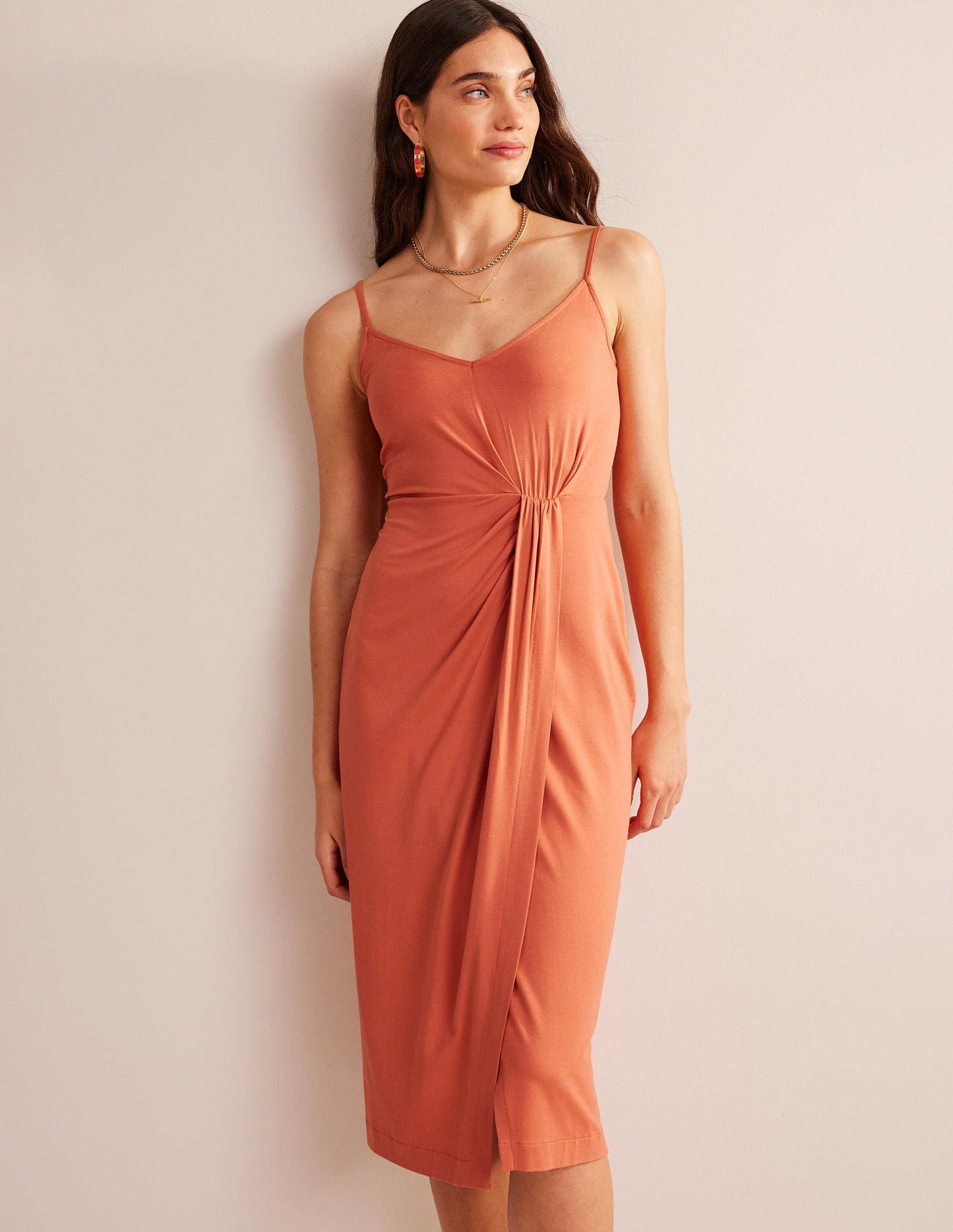 Gathered Jersey Midi Dress-Persimmon