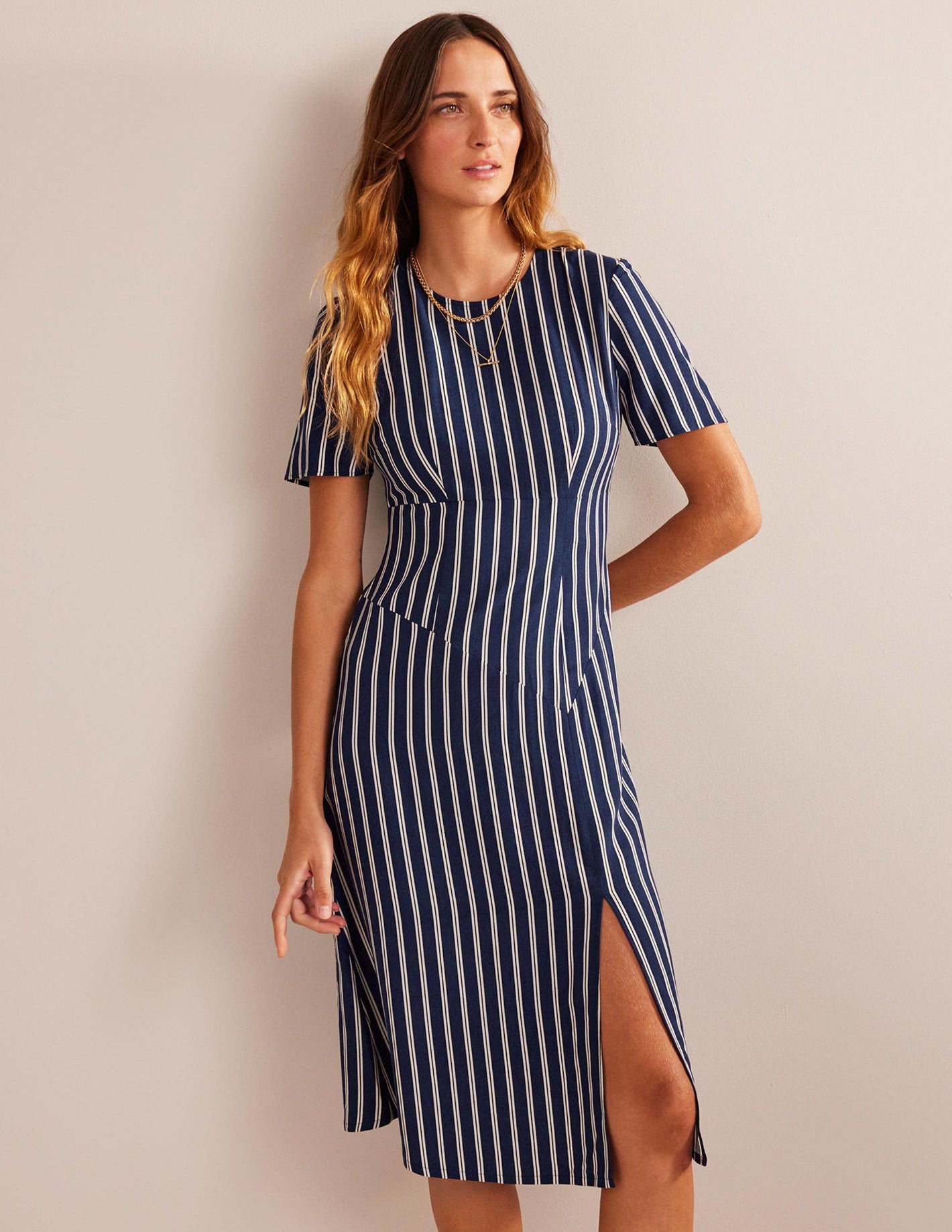 Striped Asymmetric Midi Dress-Navy and Ivory Vertical Stripe