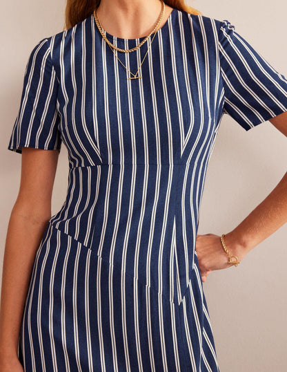 Striped Asymmetric Midi Dress-Navy and Ivory Vertical Stripe