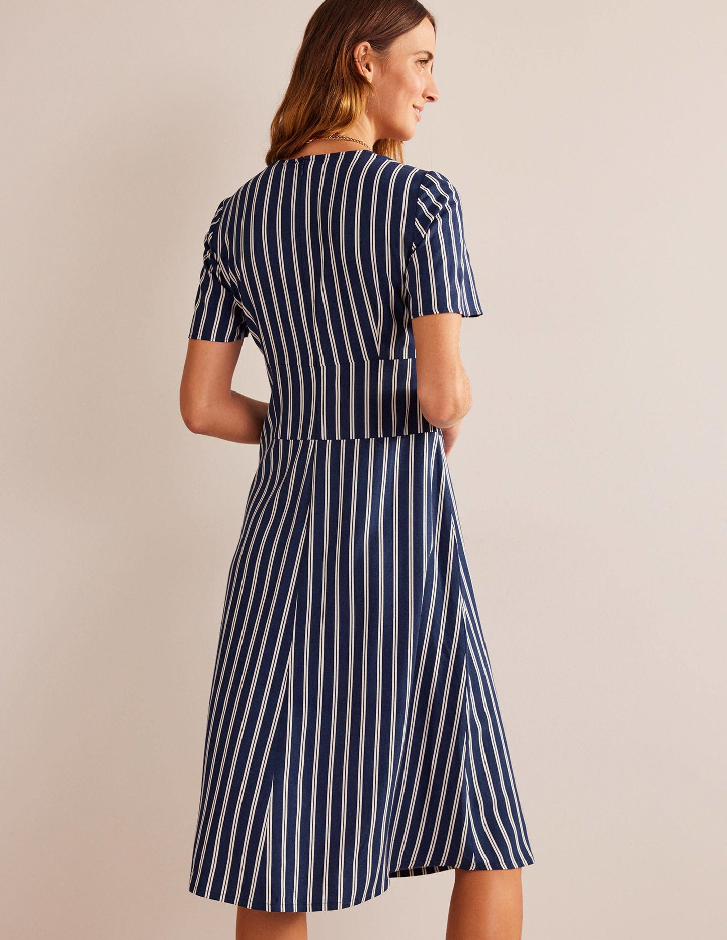 Striped Asymmetric Midi Dress-Navy and Ivory Vertical Stripe