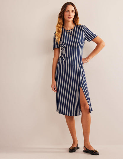 Striped Asymmetric Midi Dress-Navy and Ivory Vertical Stripe