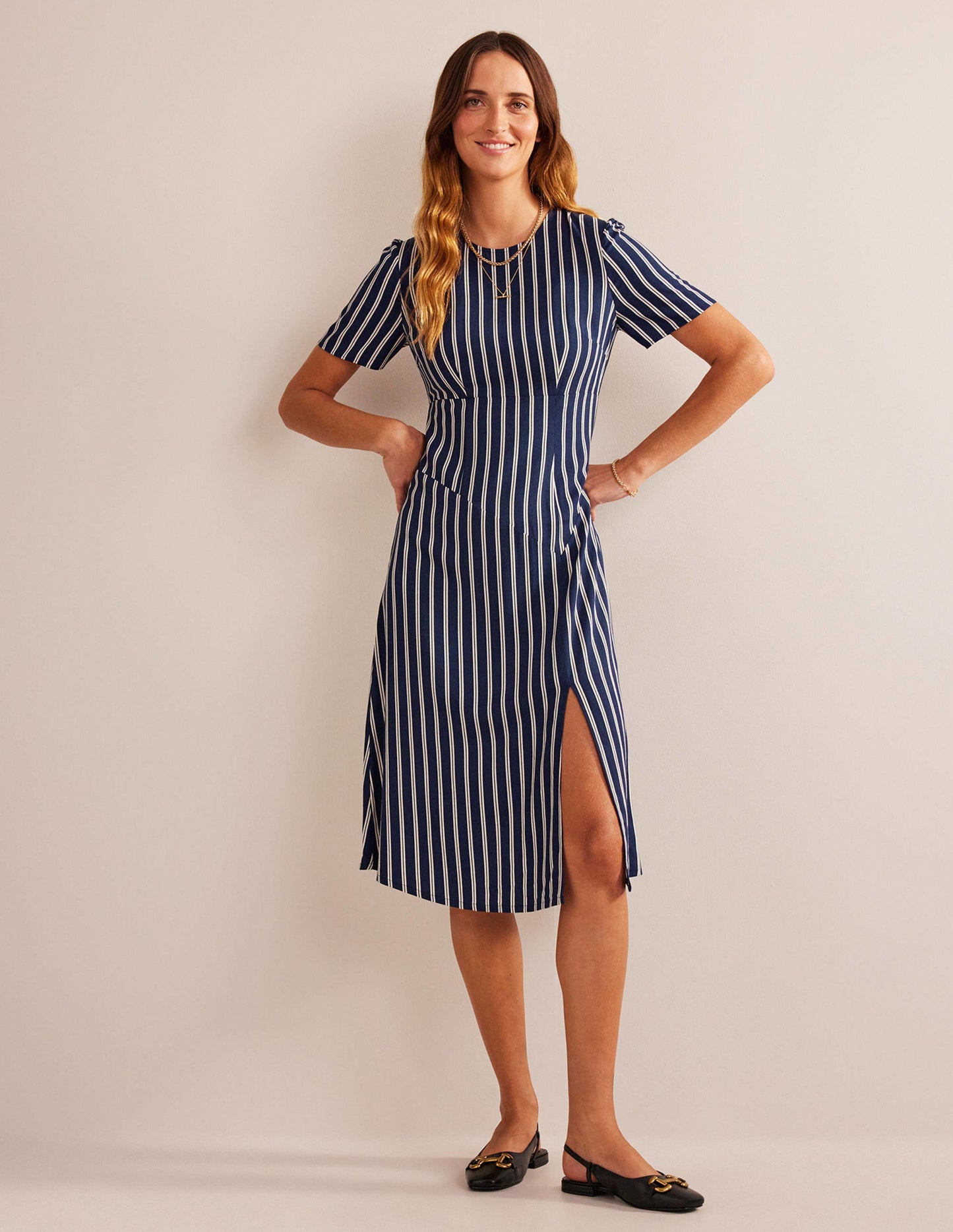 Striped Asymmetric Midi Dress-Navy and Ivory Vertical Stripe