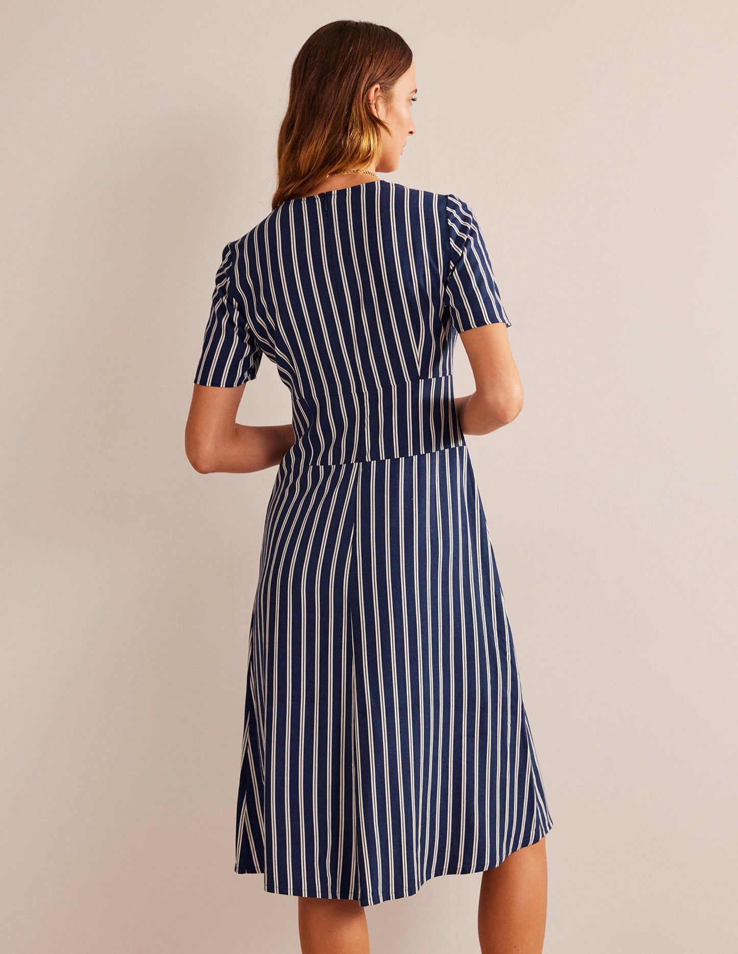 Striped Asymmetric Midi Dress-Navy and Ivory Vertical Stripe