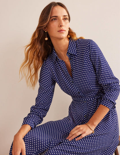 Kate Midi Shirt Dress -Navy, Dotty