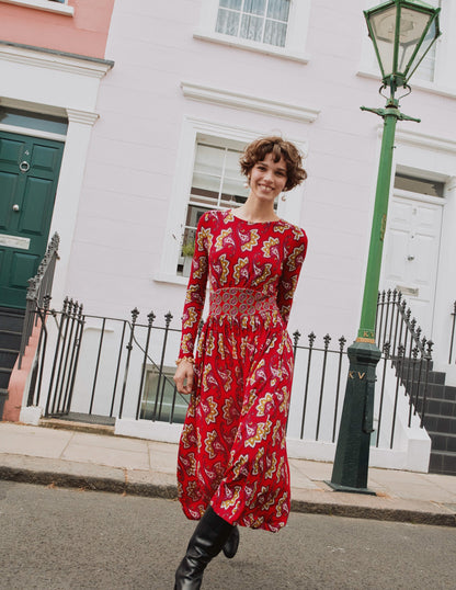 Thea Long Sleeve Midi Dress-Red, Paisley Amaryllis