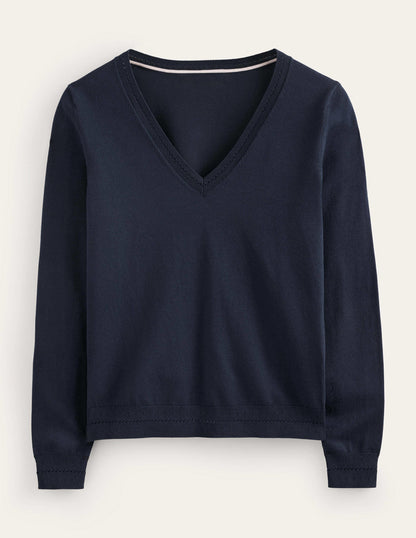 Catriona Cotton V-Neck Jumper-Navy