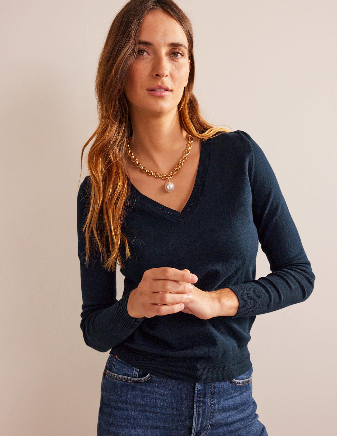 Catriona Cotton V-Neck Jumper-Navy