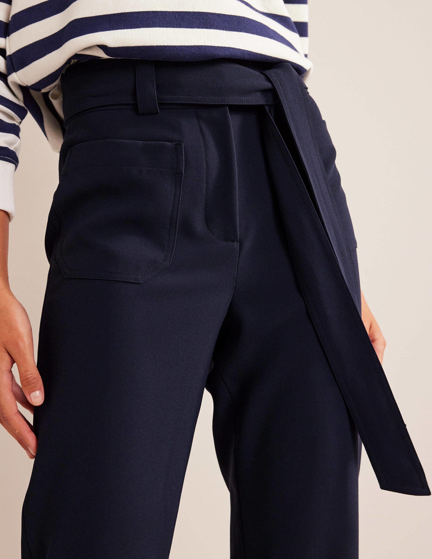 Tie-Waist Tapered Trousers-Navy