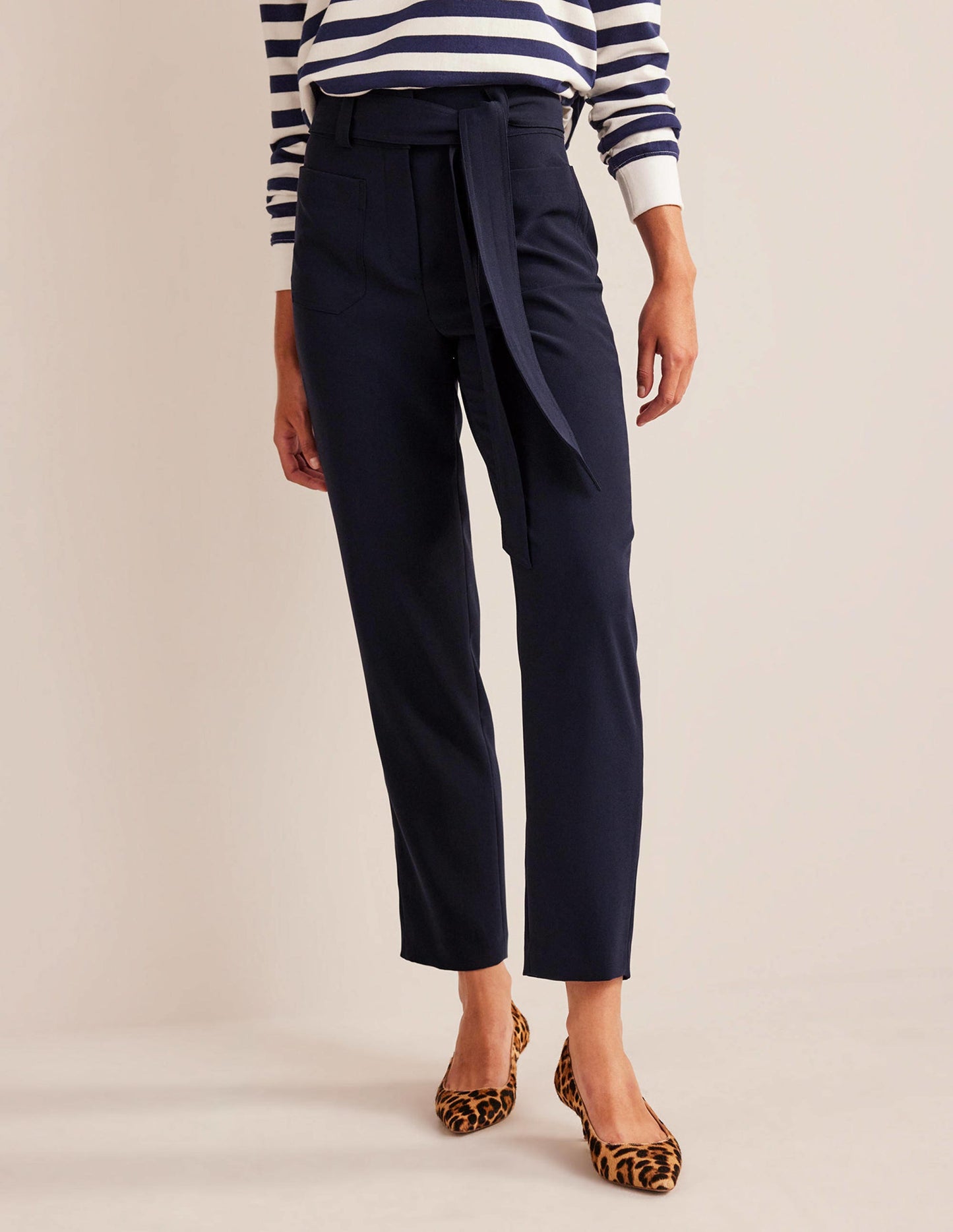 Tie-Waist Tapered Trousers-Navy