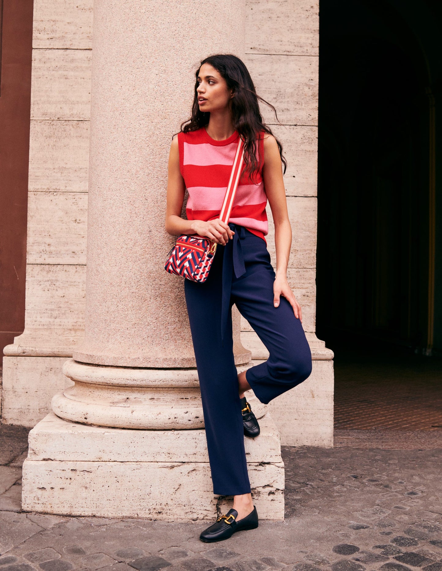 Tie-Waist Tapered Trousers-Navy