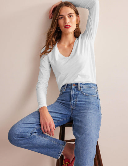 Cotton V-Neck Long Sleeve Top-White