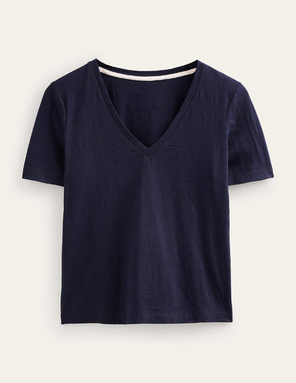 Regular V-Neck Slub T-shirt-Navy