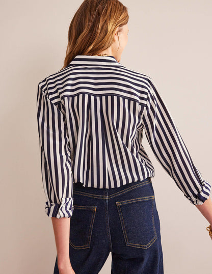 Sienna Silk Shirt-Ivory, Navy Stripe