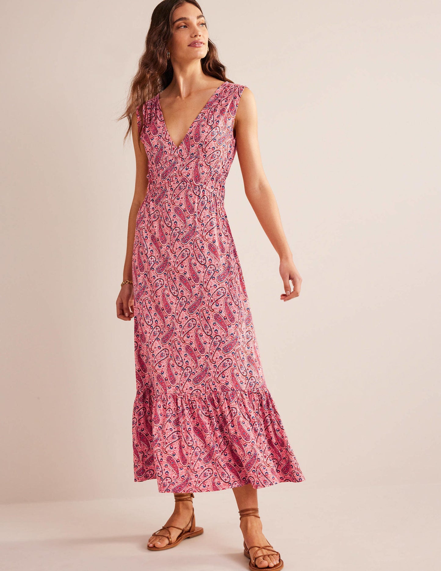 Smocked Jersey Maxi Dress-Pink Sherbet, Paisley Bloom