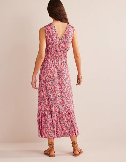 Smocked Jersey Maxi Dress-Pink Sherbet, Paisley Bloom