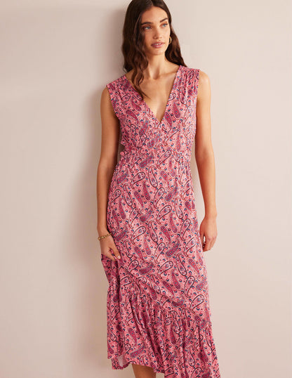 Smocked Jersey Maxi Dress-Pink Sherbet, Paisley Bloom