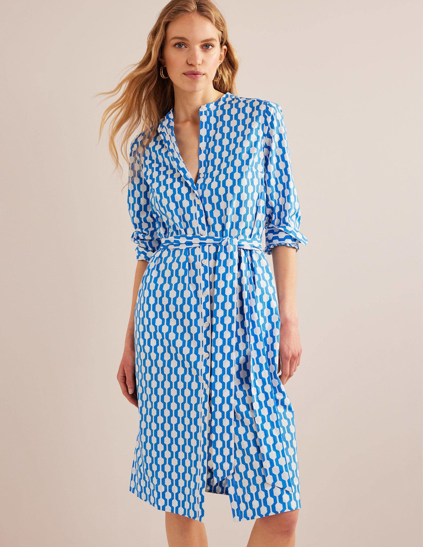 Collarless Midi Shirt Dress-Moroccan Blue, Geo Azure