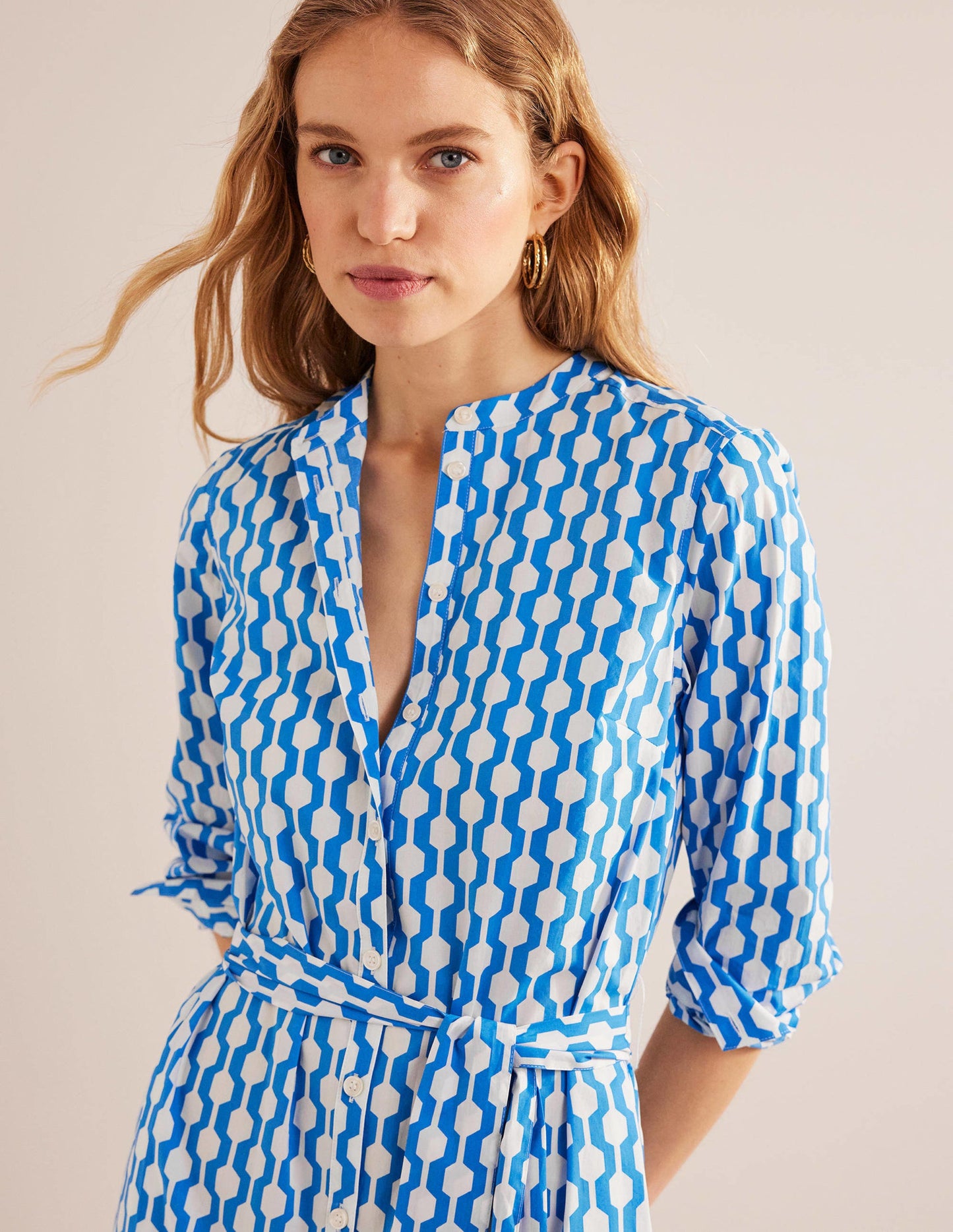 Collarless Midi Shirt Dress-Moroccan Blue, Geo Azure