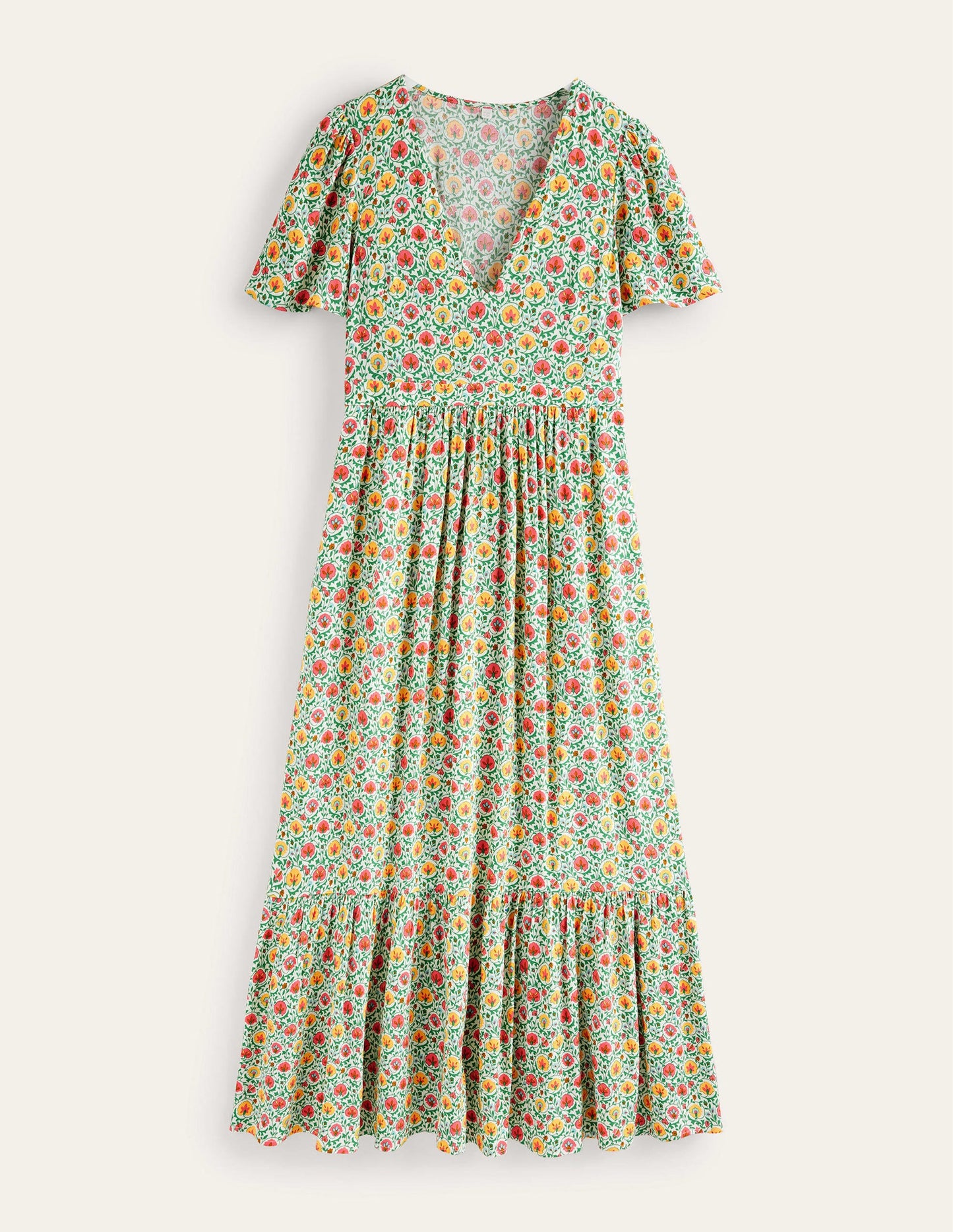 V-neck Tiered Maxi Dress-Green, Enchanting Bloom