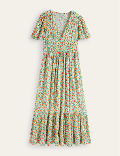 V-neck Tiered Maxi Dress-Green, Enchanting Bloom