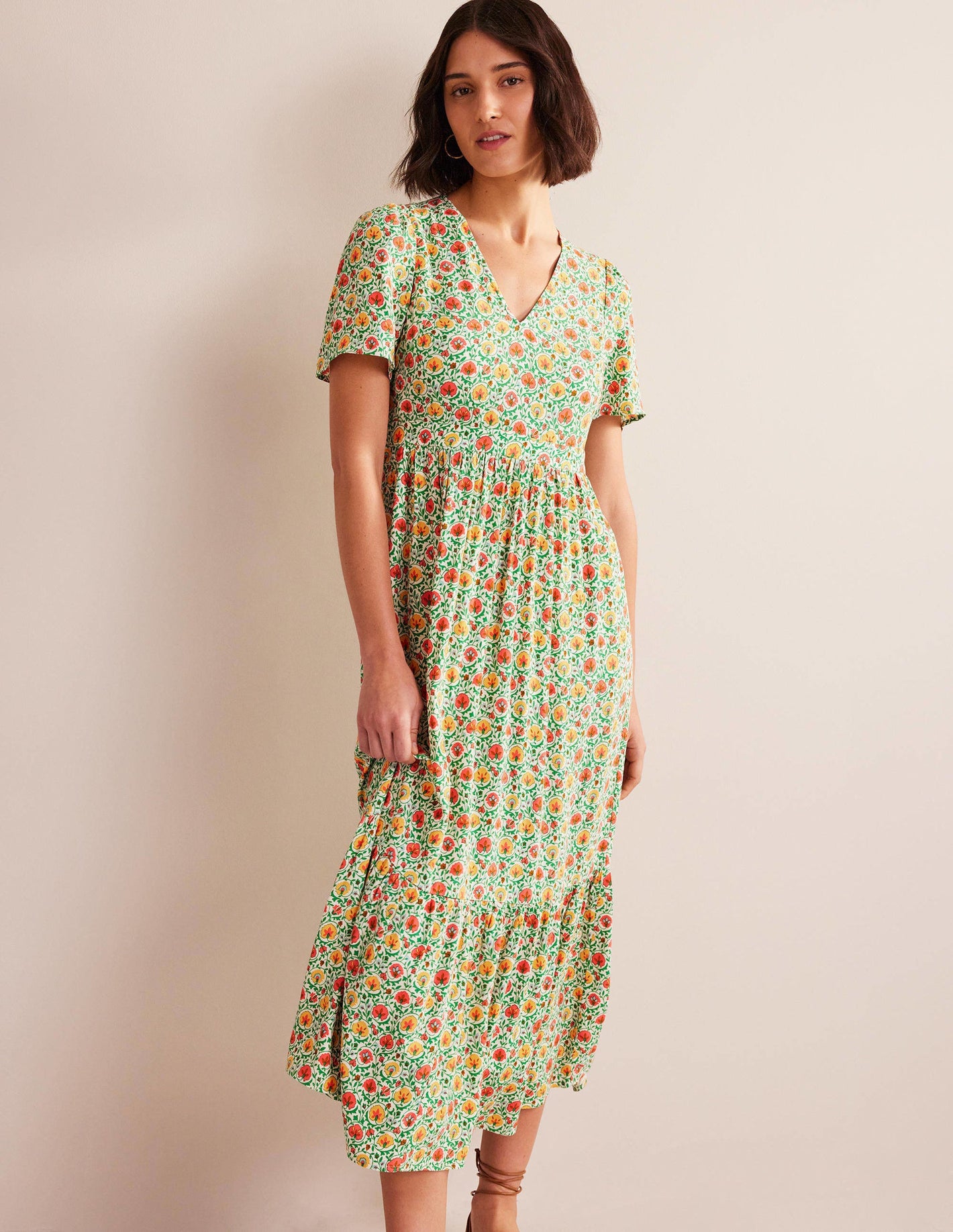 V-neck Tiered Maxi Dress-Green, Enchanting Bloom