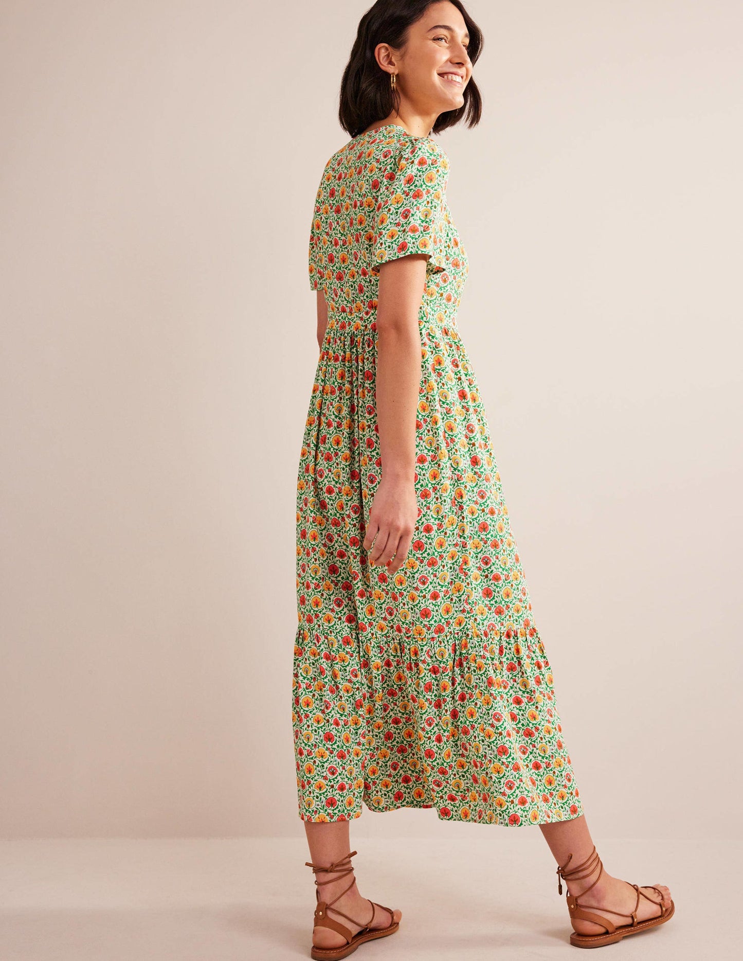 V-neck Tiered Maxi Dress-Green, Enchanting Bloom