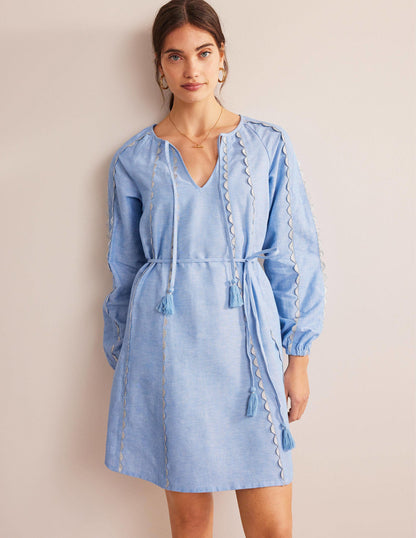 Ric Rac Linen Mini Dress-Light Chambray