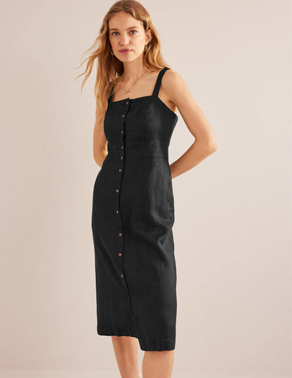 Strappy Linen Midi Dress-Black