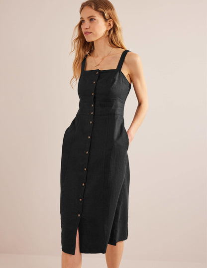 Strappy Linen Midi Dress-Black