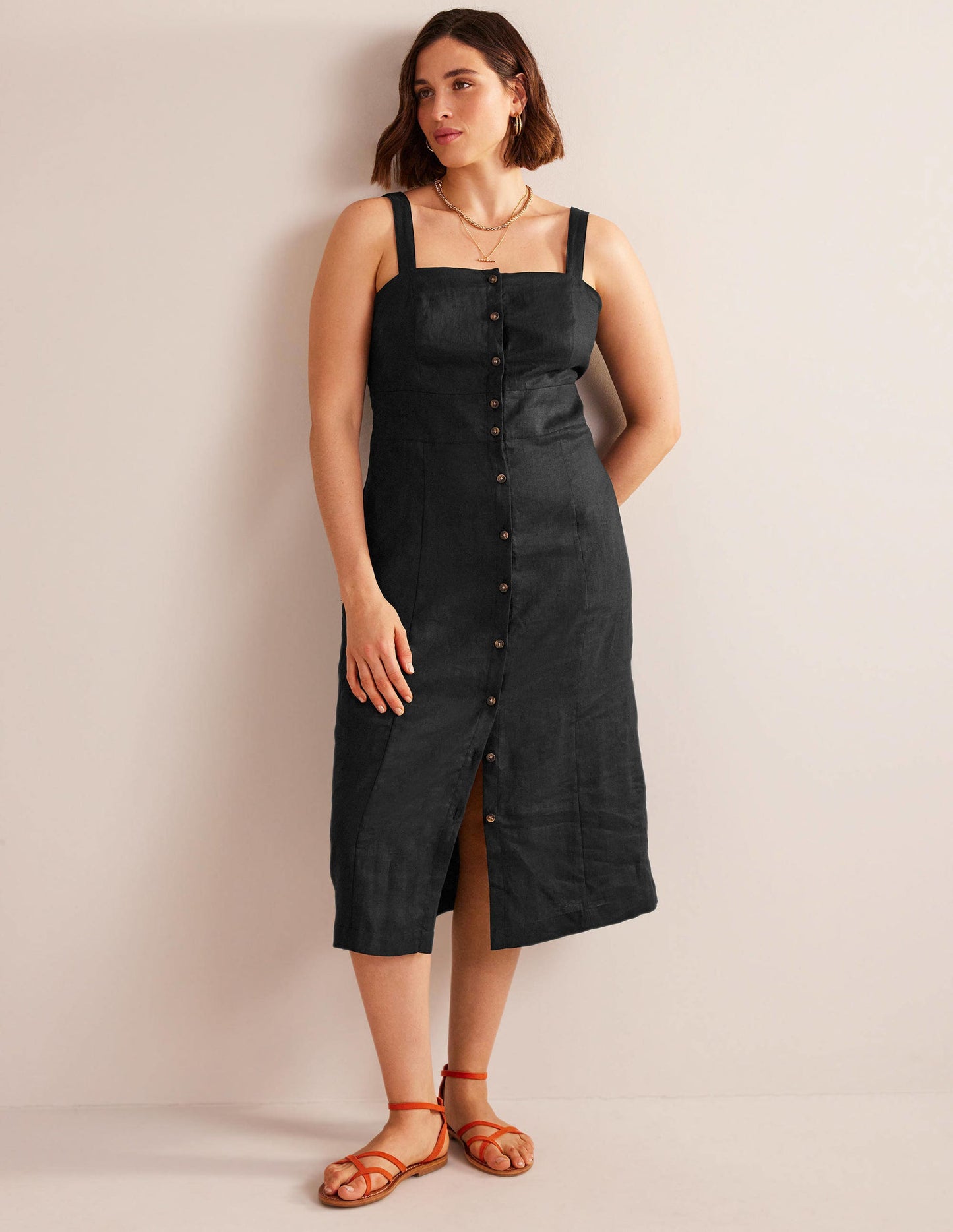 Strappy Linen Midi Dress-Black