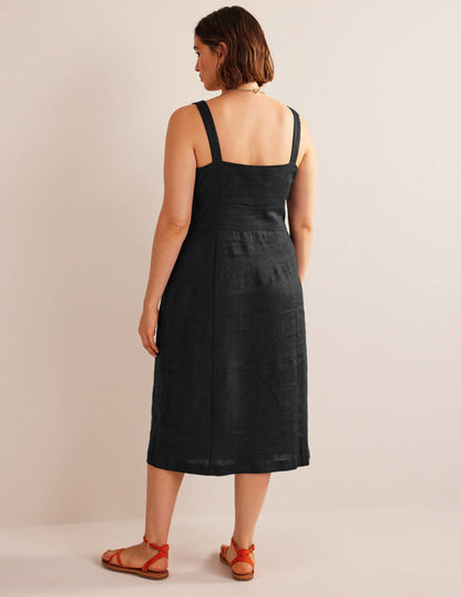 Strappy Linen Midi Dress-Black